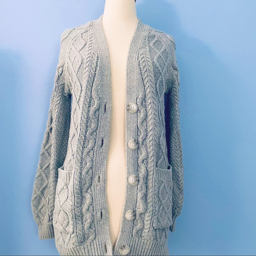 NEW Abercrombie & Fitch Gray Cable Knit Balloon - Puff Sleeve Cardigan
